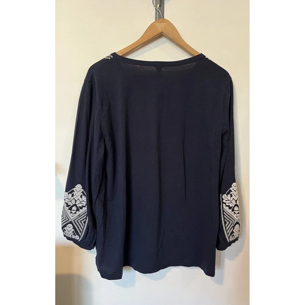 J Crew Navy White Embroidered Puff Sleeve Boho Peasant Blouse Size Medium